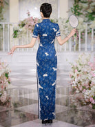 Beth and Brian Qipao-JNCT Crane embroidery, plus size, blue long Cheongsam