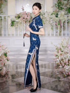 Beth and Brian Qipao-JNCT Crane embroidery, plus size, blue long Cheongsam