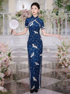 Beth and Brian Qipao-JNCT Crane embroidery, plus size, blue long Cheongsam