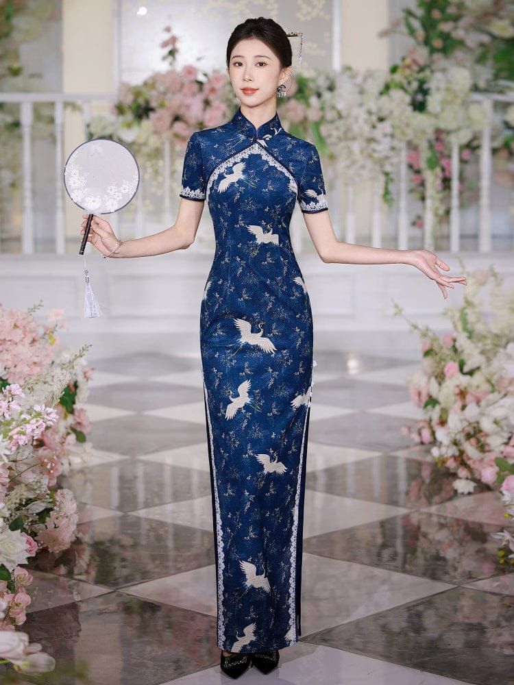 Beth and Brian Qipao-JNCT Crane embroidery, plus size, blue long Cheongsam