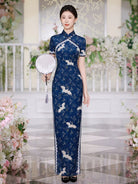 Beth and Brian Qipao-JNCT Crane embroidery, plus size, blue long Cheongsam