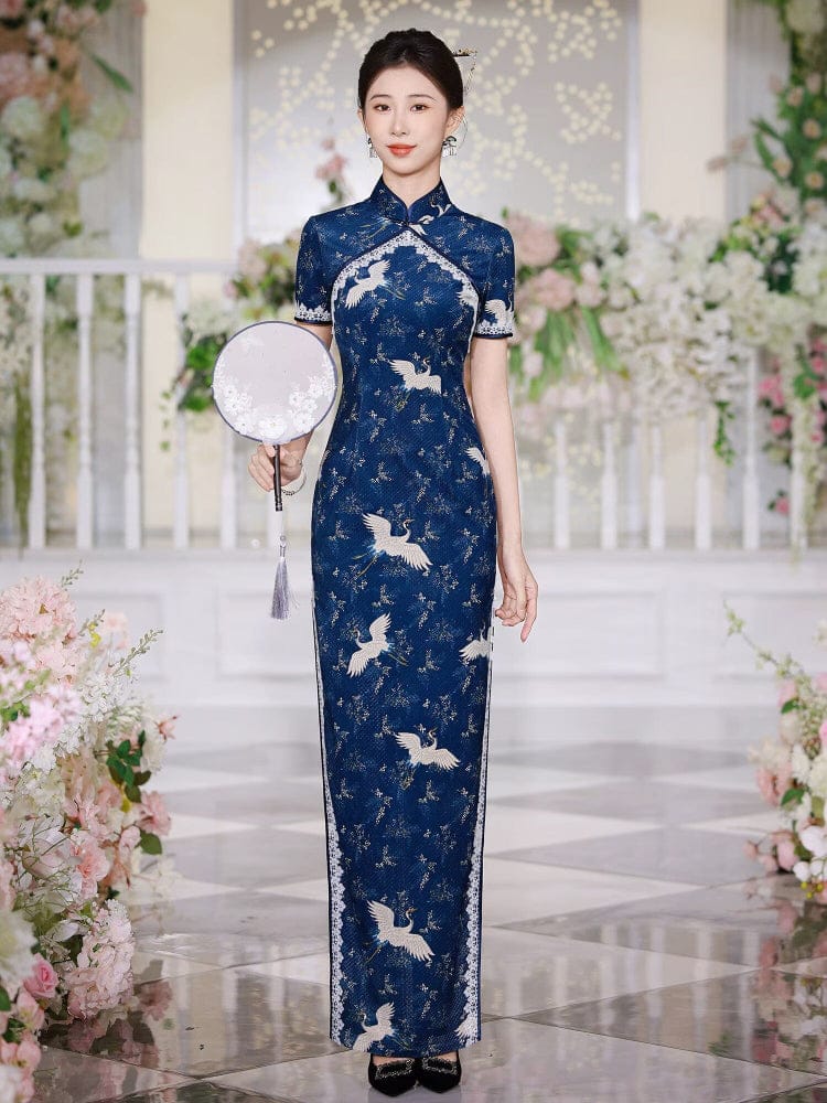 Beth and Brian Qipao-JNCT Crane embroidery, plus size, blue long Cheongsam