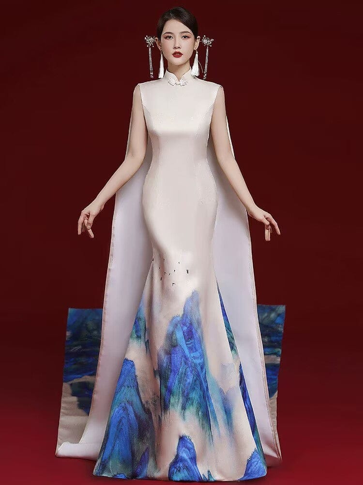 Beth and Brian Qipao-ZGX Thousand Miles of Mountains pattern, champagne long Cheongsam for prom