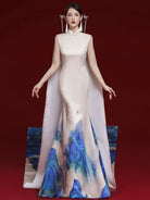 Beth and Brian Qipao-ZGX Thousand Miles of Mountains pattern, champagne long Cheongsam for prom