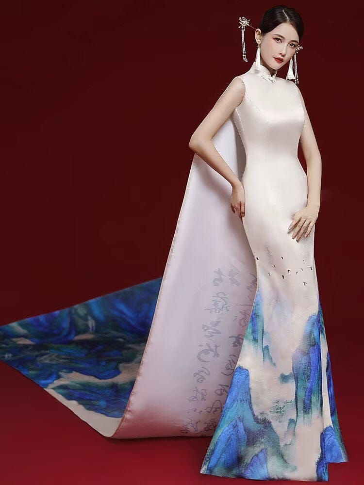 Beth and Brian Qipao-ZGX Thousand Miles of Mountains pattern, champagne long Cheongsam for prom