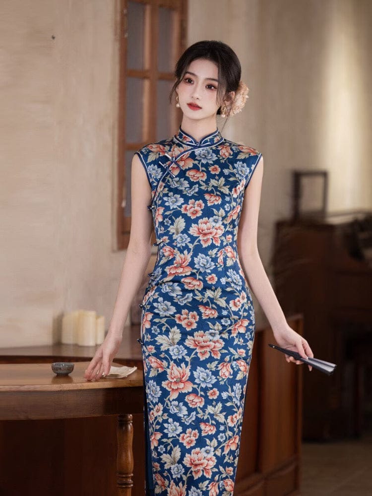 Beth and Brian Qipao-MYJ Old Shanghai style, floral pattern, blue midi Cheongsam