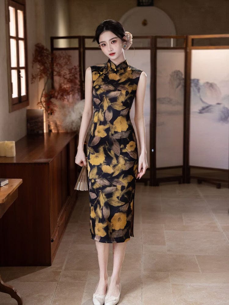 Beth and Brian Qipao-MYJ New Chinese style (新中式), leaf pattern midi Cheongsam