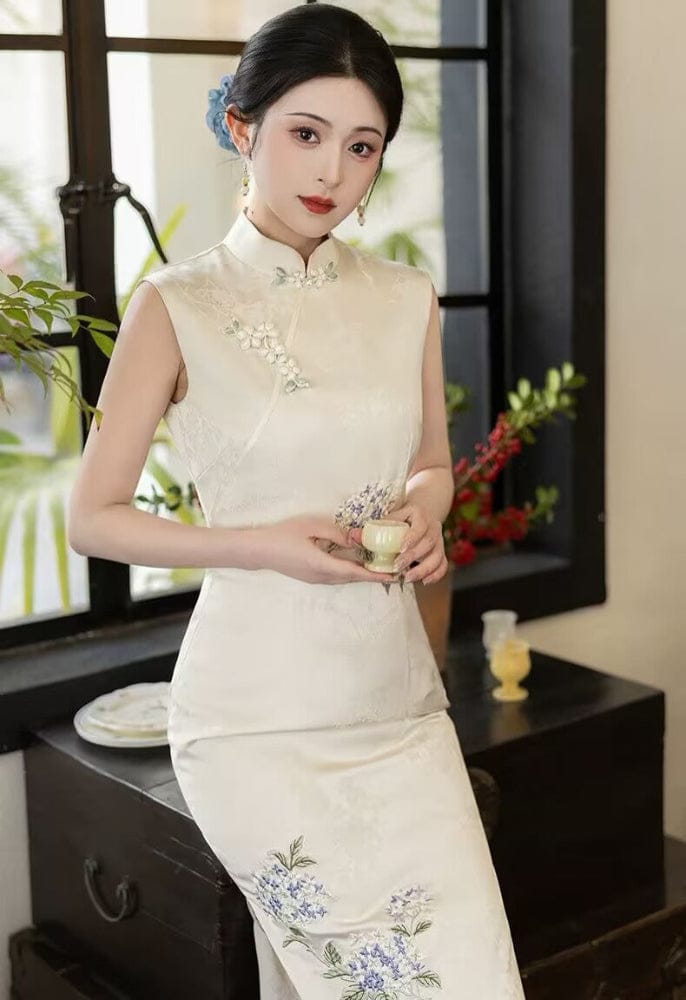Beth and Brian Qipao-HLQ Sleeveless, floral jacquard midi Cheongsam