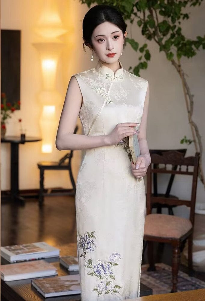 Beth and Brian Qipao-HLQ Sleeveless, floral jacquard midi Cheongsam