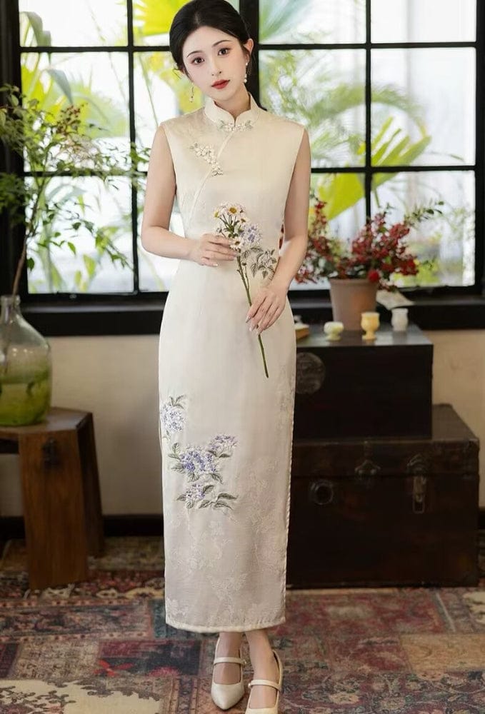 Beth and Brian Qipao-HLQ Sleeveless, floral jacquard midi Cheongsam