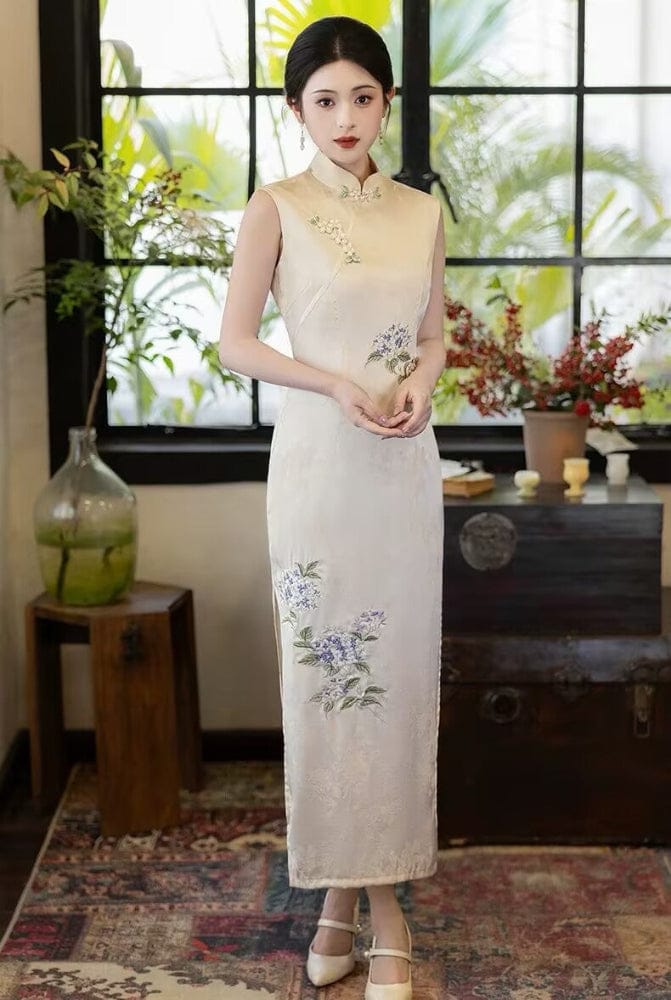 Beth and Brian Qipao-HLQ Sleeveless, floral jacquard midi Cheongsam