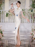 BethandBrianQipao-JNCT Butterfly pattern, white long prom Cheongsam with shawl set