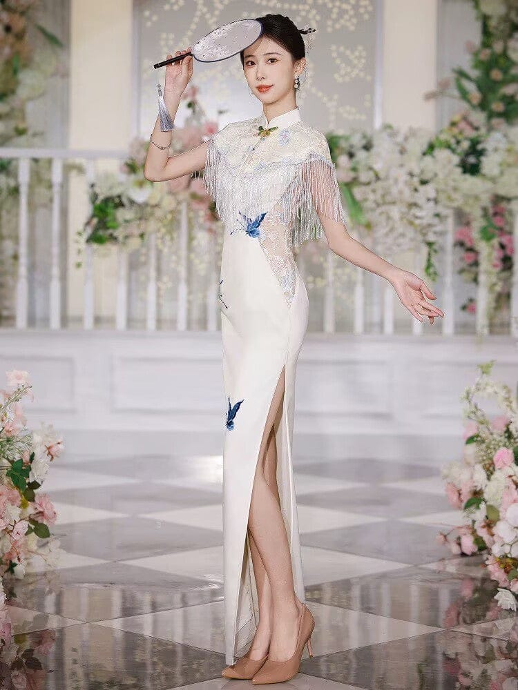 BethandBrianQipao-JNCT Butterfly pattern, white long prom Cheongsam with shawl set