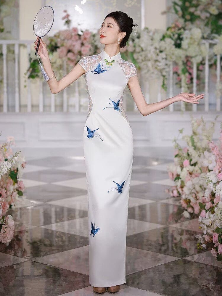 BethandBrianQipao-JNCT Butterfly pattern, white long prom Cheongsam with shawl set