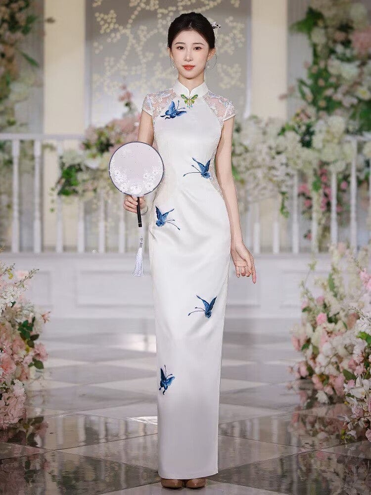 BethandBrianQipao-JNCT Butterfly pattern, white long prom Cheongsam with shawl set