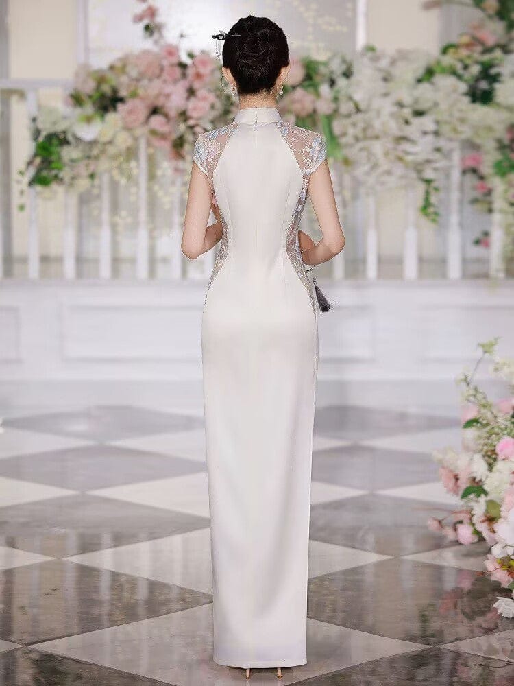 BethandBrianQipao-JNCT Butterfly pattern, white long prom Cheongsam with shawl set