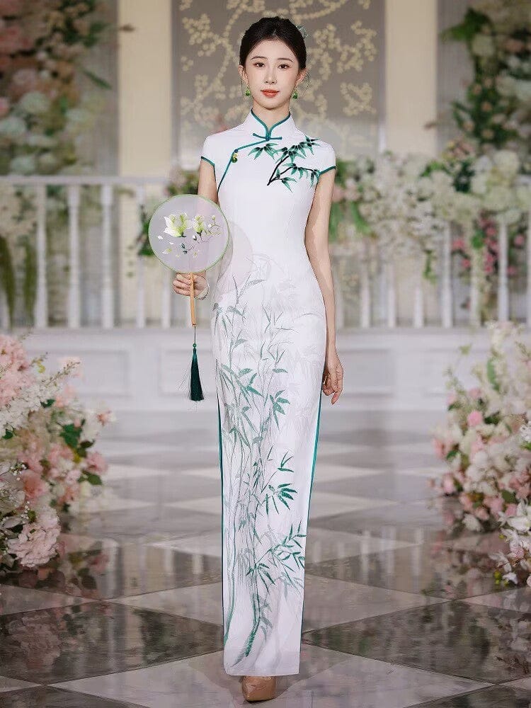 Beth and Brian Qipao-JNCT Bamboo leaf pattern, white long Cheongsam