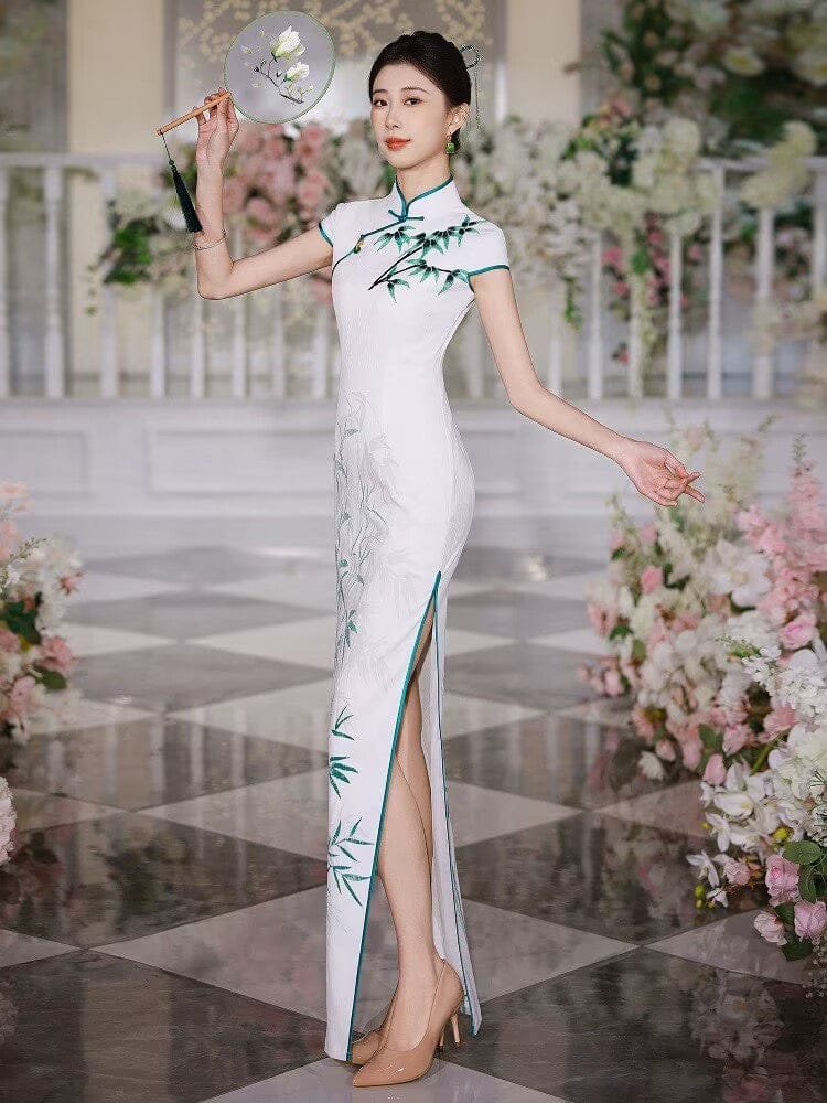 Beth and Brian Qipao-JNCT Bamboo leaf pattern, white long Cheongsam