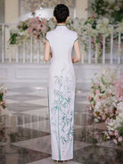 Beth and Brian Qipao-JNCT Bamboo leaf pattern, white long Cheongsam