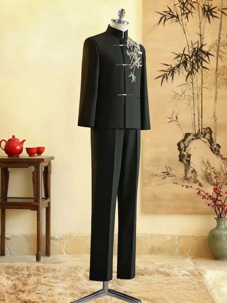 Beth and Brian Qipao-GXS High-end, Gold bamboo leaf embroidery, Men's Chinese Tang Suit Jacket and Pants