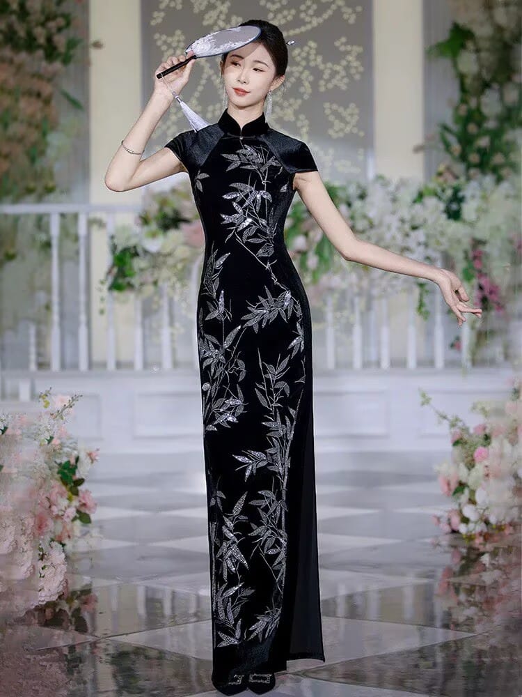 Beth and Brian Qipao-JNCT Silver Bamboo Pattern, black long Cheongsam