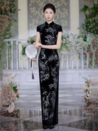 Beth and Brian Qipao-JNCT Silver Bamboo Pattern, black long Cheongsam