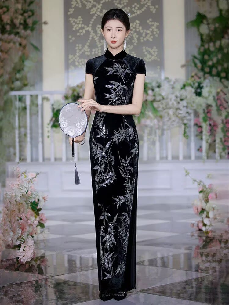 Beth and Brian Qipao-JNCT Silver Bamboo Pattern, black long Cheongsam