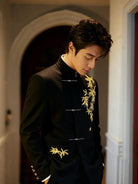 Beth and Brian Qipao-GXS Gold bamboo leaf pattern, Men's Chinese Tang Suit Jacket and Pants