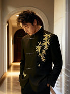 Beth and Brian Qipao-GXS Gold bamboo leaf pattern, Men's Chinese Tang Suit Jacket and Pants