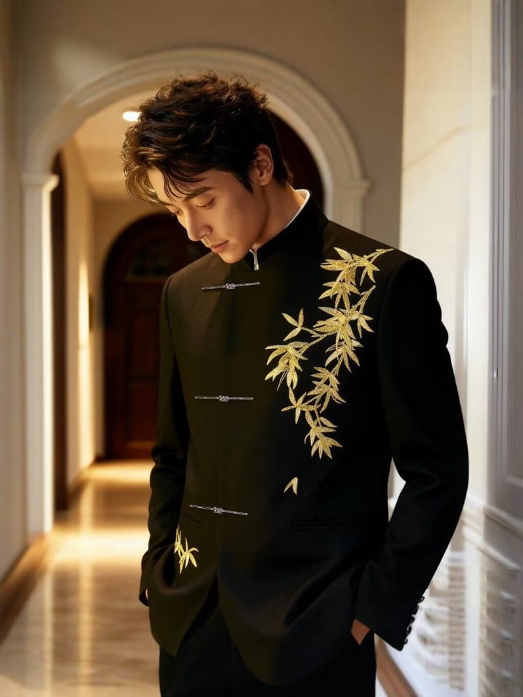 Beth and Brian Qipao-GXS Gold bamboo leaf pattern, Men's Chinese Tang Suit Jacket and Pants