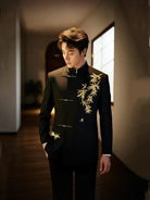Beth and Brian Qipao-GXS Gold bamboo leaf pattern, Men's Chinese Tang Suit Jacket and Pants