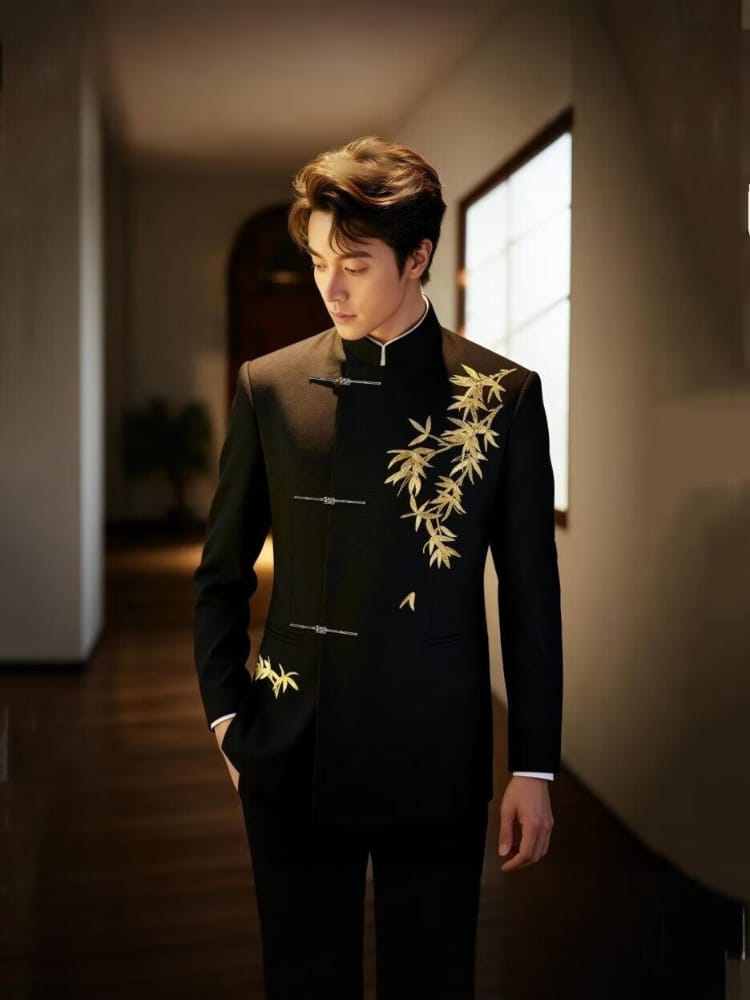Beth and Brian Qipao-GXS Gold bamboo leaf pattern, Men's Chinese Tang Suit Jacket and Pants