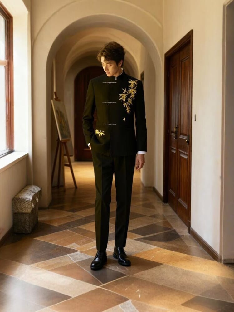 Beth and Brian Qipao-GXS Gold bamboo leaf pattern, Men's Chinese Tang Suit Jacket and Pants