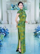 Beth and Brian Qipao-SLJX Great Rivers & Mountains Pattern, green long Cheongsam