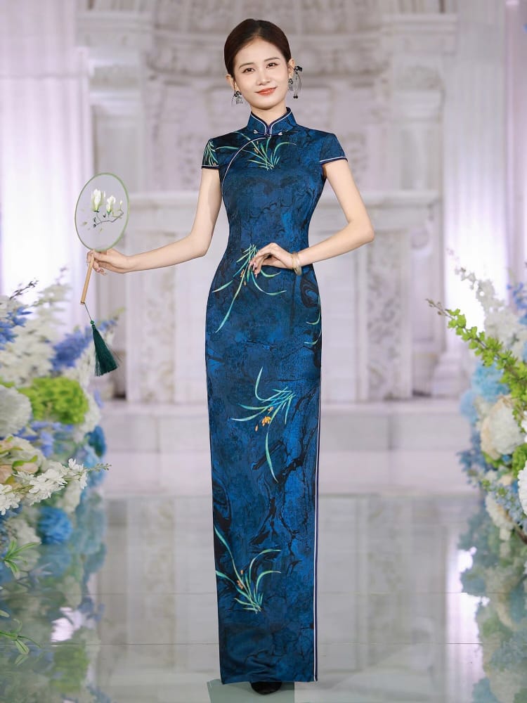Beth and Brian Qipao-SLJX Ink Pond Orchid Pattern, dark blue long Cheongsam