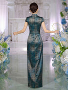 Beth and Brian Qipao-SLJX Oracle Bone Script Pattern, Ink Green Long Cheongsam