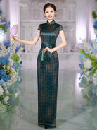 Beth and Brian Qipao-SLJX Oracle Bone Script Pattern, Ink Green Long Cheongsam