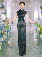 Beth and Brian Qipao-SLJX Oracle Bone Script Pattern, Ink Green Long Cheongsam