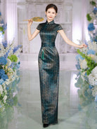 Beth and Brian Qipao-SLJX Oracle Bone Script Pattern, Ink Green Long Cheongsam