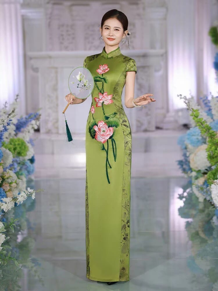 Beth and Brian Qipao-SLJX Vintage Summer Lotus Pattern, Green Long Cheongsam