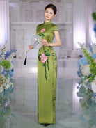 Beth and Brian Qipao-SLJX Vintage Summer Lotus Pattern, Green Long Cheongsam