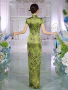 Beth and Brian Qipao-SLJX Vintage Summer Lotus Pattern, Green Long Cheongsam