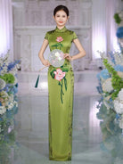 Beth and Brian Qipao-SLJX Vintage Summer Lotus Pattern, Green Long Cheongsam