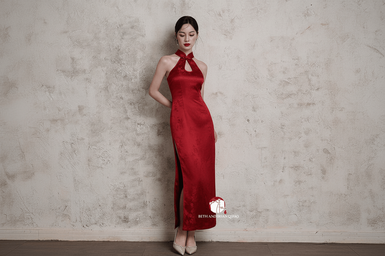 Beth and Brian Qipao-Exclusivedesigner Exclusive designer collection, water-drop collar satin long Qipao
