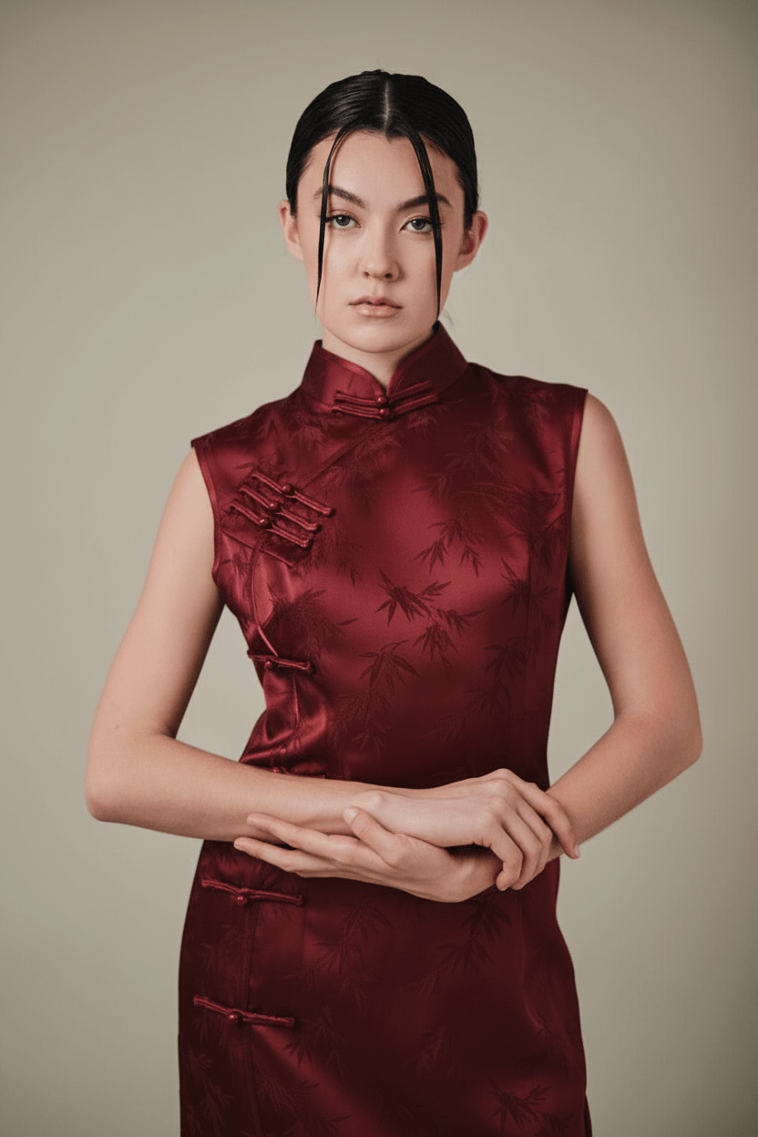 Beth and Brian Qipao-Exclusivedesigner Exclusive designer collection, bamboo satin long Qipao