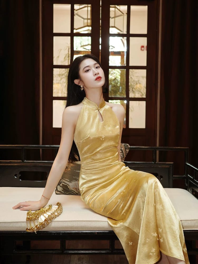 Beth and Brian Qipao-LQ Butterfly pattern, Halter yellow long Cheongsam