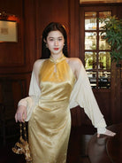 Beth and Brian Qipao-LQ Butterfly pattern, Halter yellow long Cheongsam