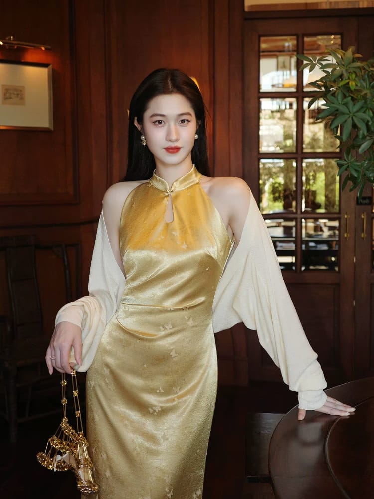 Beth and Brian Qipao-LQ Butterfly pattern, Halter yellow long Cheongsam