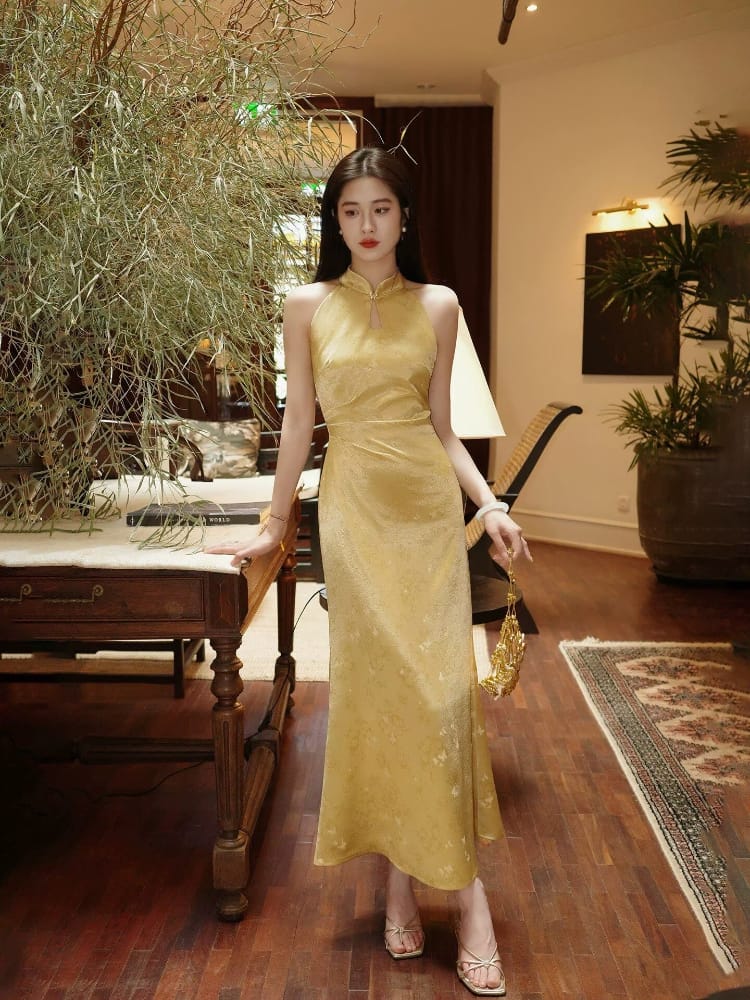 Beth and Brian Qipao-LQ Butterfly pattern, Halter yellow long Cheongsam