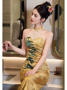 Beth and Brian Qipao-SKN New Chinese style (新中式), halter gold midi Cheongsam